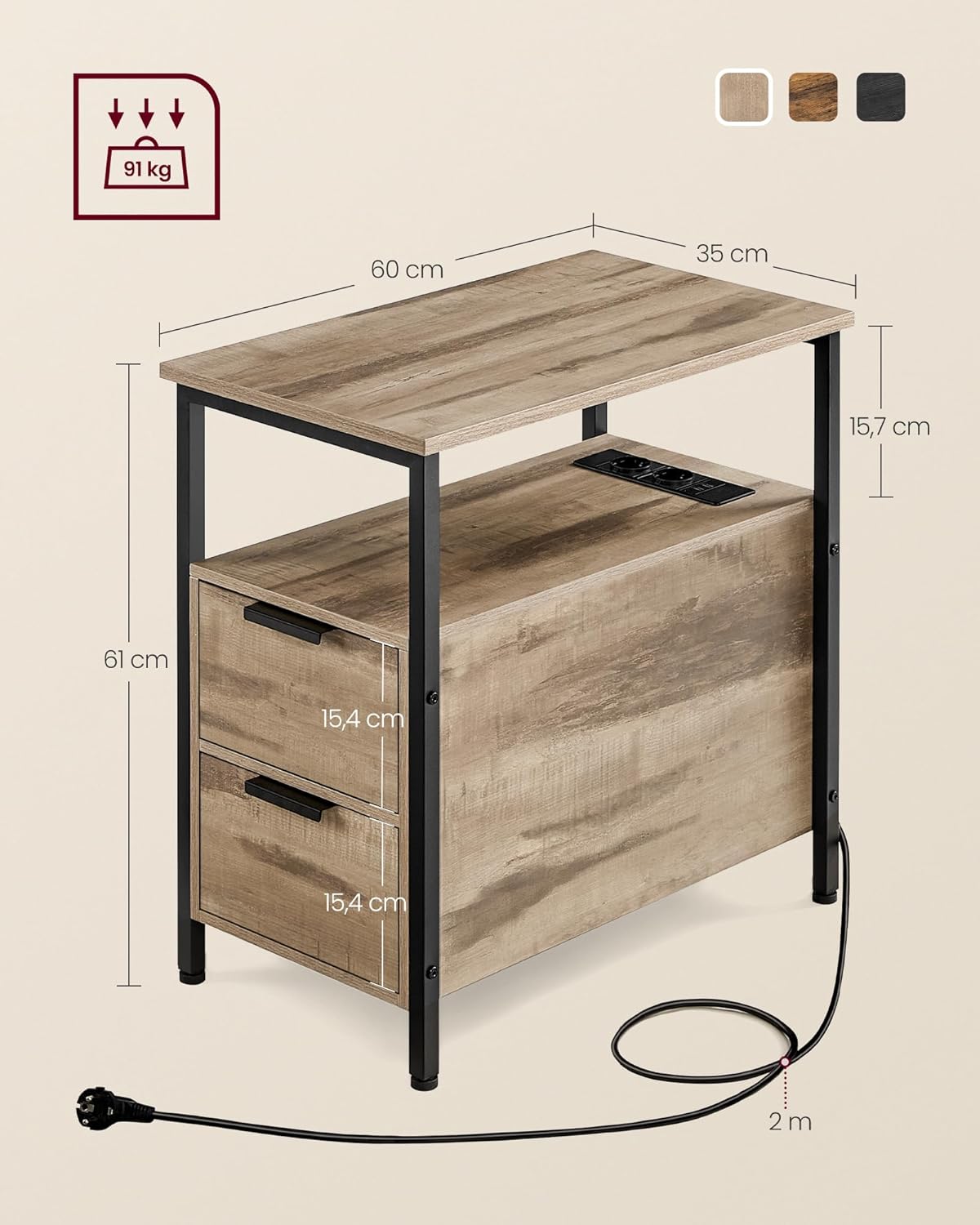 VASAGLE Éjjeliszekrény 60x35x61 cm, 2 fiókkal, polcokkal és beépített konnektorral, forgácslapból és acélból, barna - Image 3
