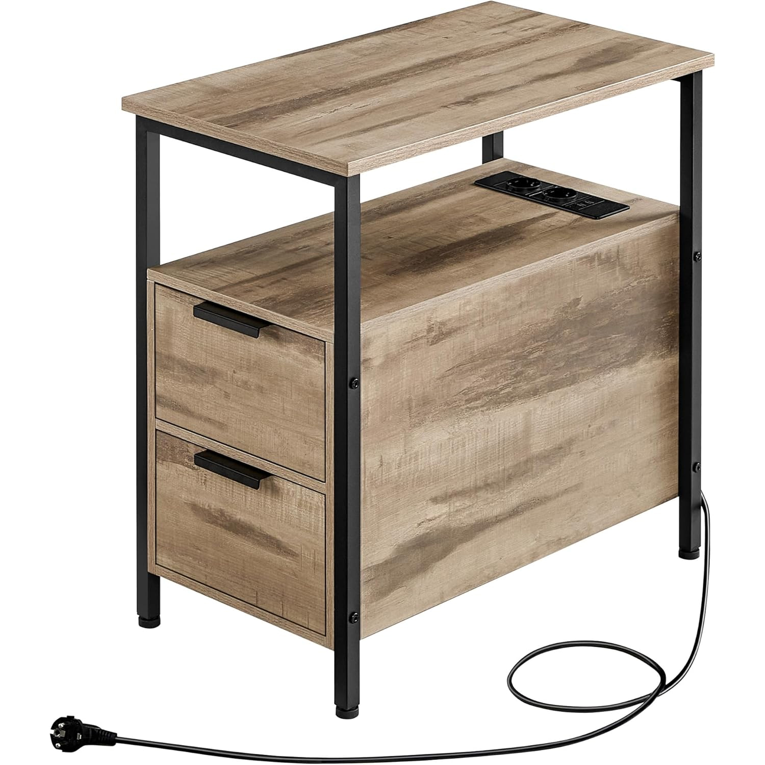 VASAGLE Éjjeliszekrény 60x35x61 cm, 2 fiókkal, polcokkal és beépített konnektorral, forgácslapból és acélból, barna