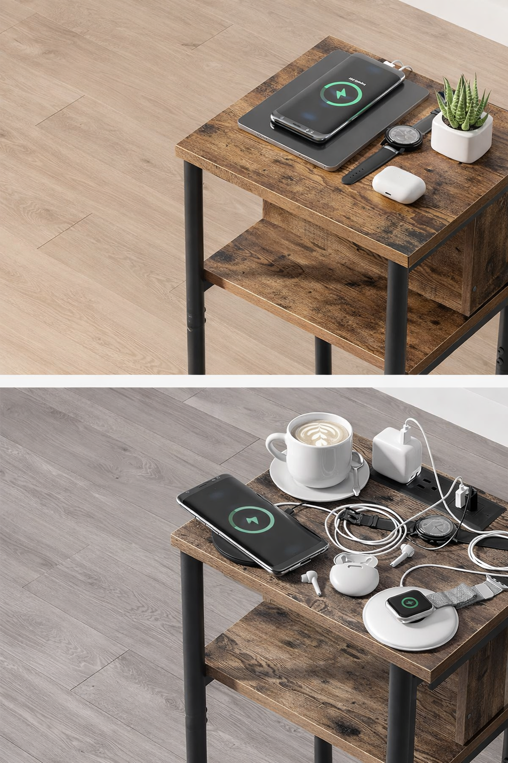 VASAGLE Noptiera cu prize si USB, 3 rafturi, stil industrial, 30x34x58 cm, maro rustic - Image 3