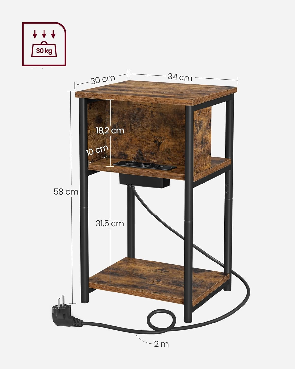 VASAGLE Noptiera cu prize si USB, 3 rafturi, stil industrial, 30x34x58 cm, maro rustic - Image 4