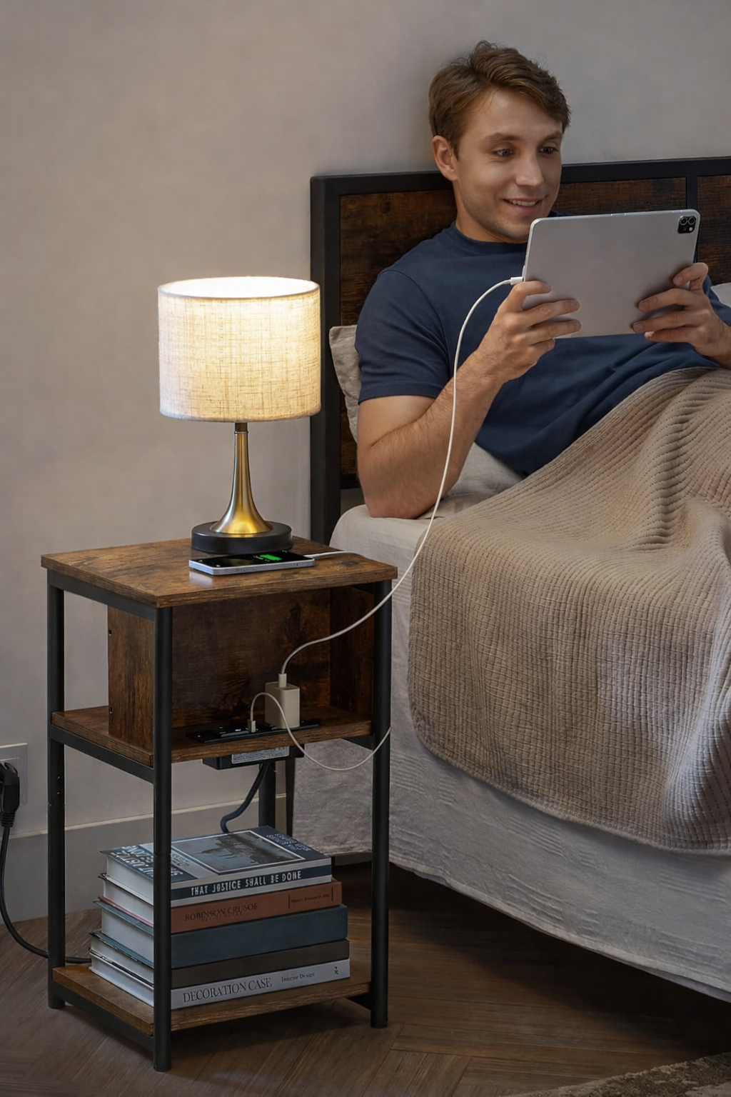 VASAGLE Noptiera cu prize si USB, 3 rafturi, stil industrial, 30x34x58 cm, maro rustic - Image 5