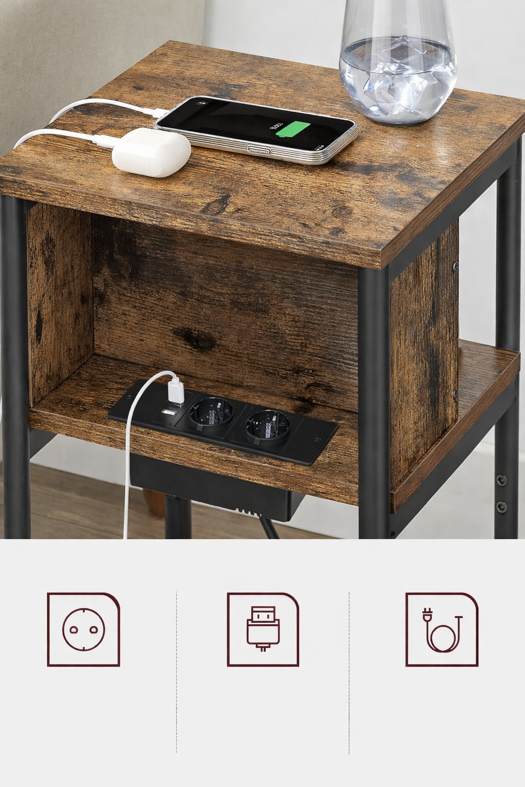 VASAGLE Noptiera cu prize si USB, 3 rafturi, stil industrial, 30x34x58 cm, maro rustic - Image 9
