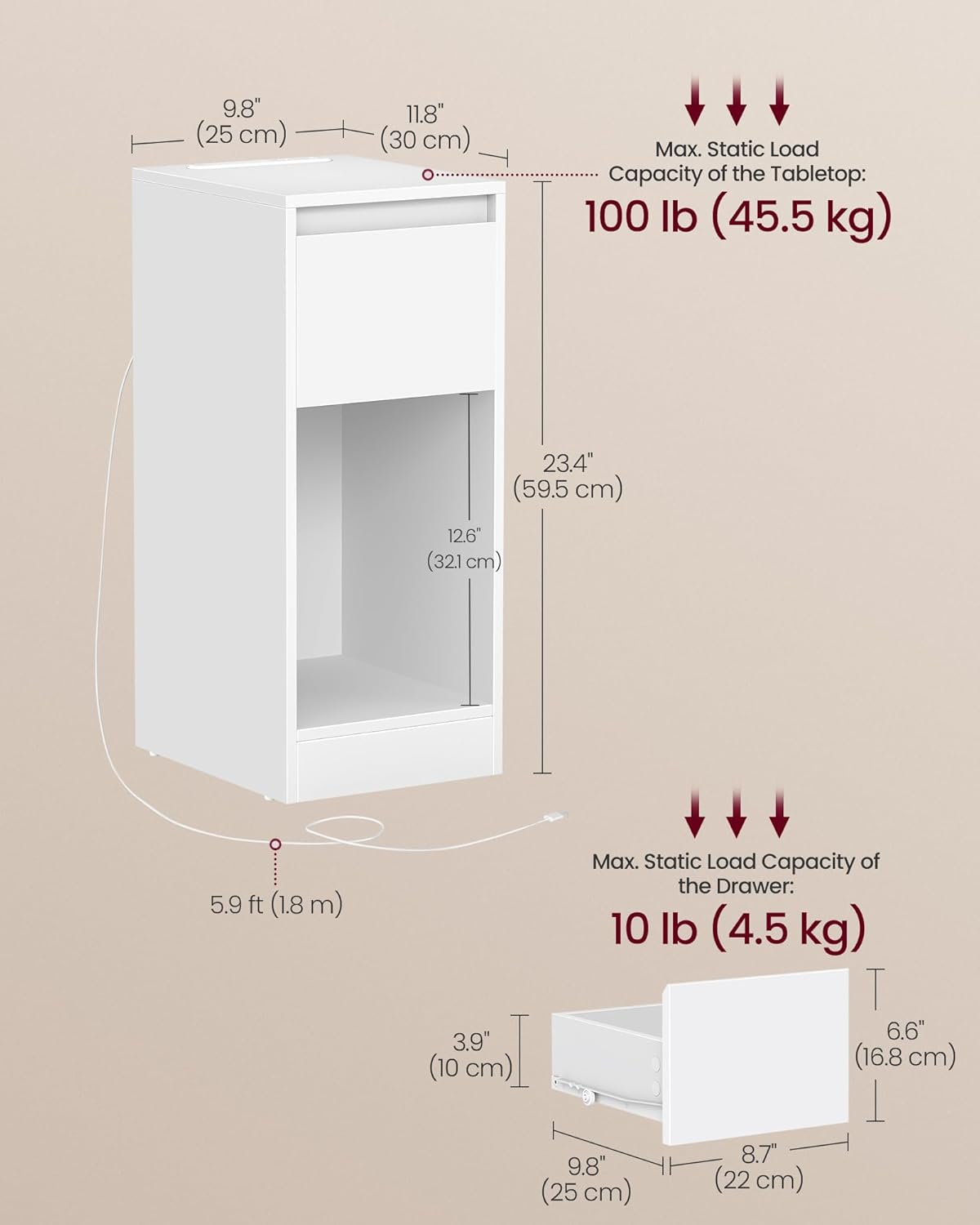 VASAGLE Keskeny éjjeliszekrény LED világítással és töltőállomással, 2 USB csatlakozóval, MDF, 30 × 25 × 60 cm, fehér - Image 2