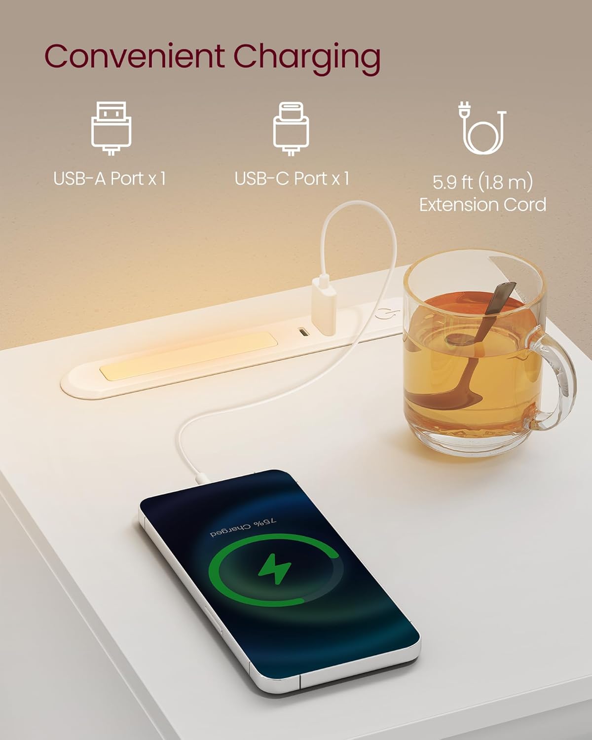 VASAGLE Keskeny éjjeliszekrény LED világítással és töltőállomással, 2 USB csatlakozóval, MDF, 30 × 25 × 60 cm, fehér - Image 3