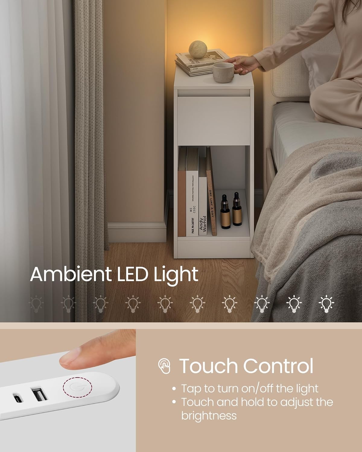 VASAGLE Keskeny éjjeliszekrény LED világítással és töltőállomással, 2 USB csatlakozóval, MDF, 30 × 25 × 60 cm, fehér - Image 4