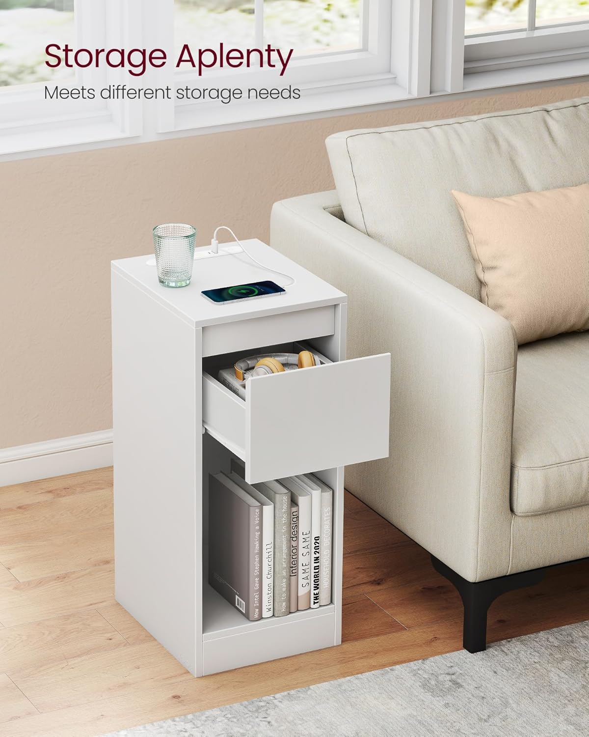 VASAGLE Keskeny éjjeliszekrény LED világítással és töltőállomással, 2 USB csatlakozóval, MDF, 30 × 25 × 60 cm, fehér - Image 5