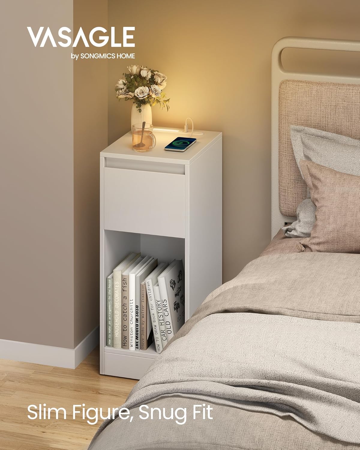 VASAGLE Keskeny éjjeliszekrény LED világítással és töltőállomással, 2 USB csatlakozóval, MDF, 30 × 25 × 60 cm, fehér - Image 6