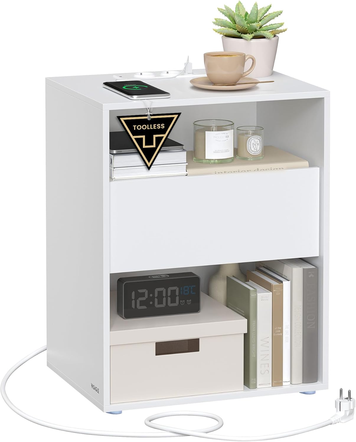 VASAGLE Éjjeliszekrény fiókkal és töltőállomással, 2 aljzat, 2 USB port, 45x35x58 cm, fehér - Image 2