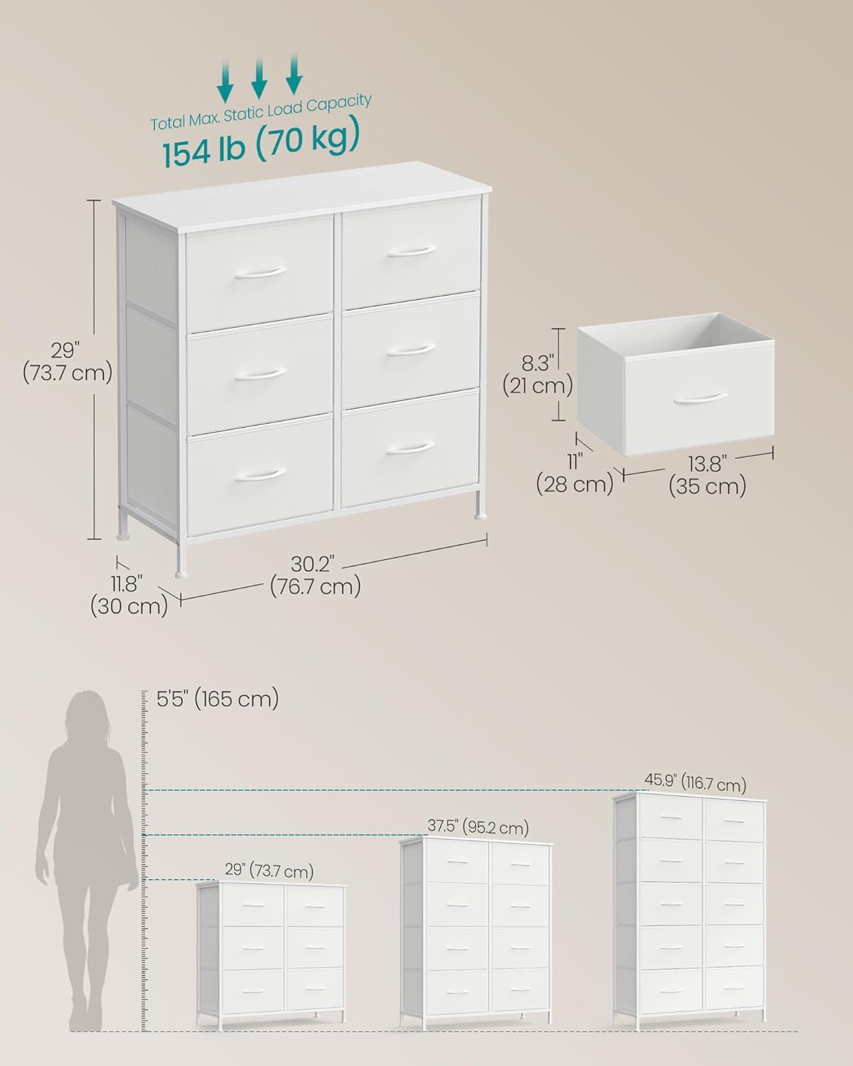SONGMICS komód 6 textilfiókkal, fémvázzal és MDF asztallappal, 77x30x74 cm, fehér - Image 2