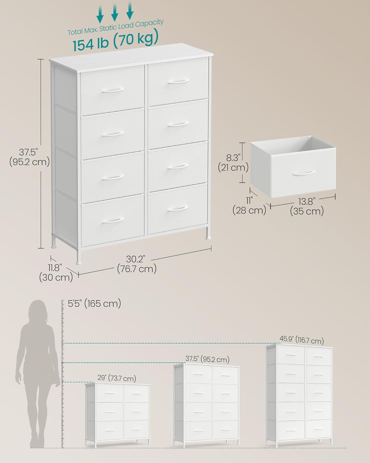 SONGMICS Komód 8 textil fiókkal, fém vázzal és MDF lappal, 77 x 30 x 95 cm, fehér