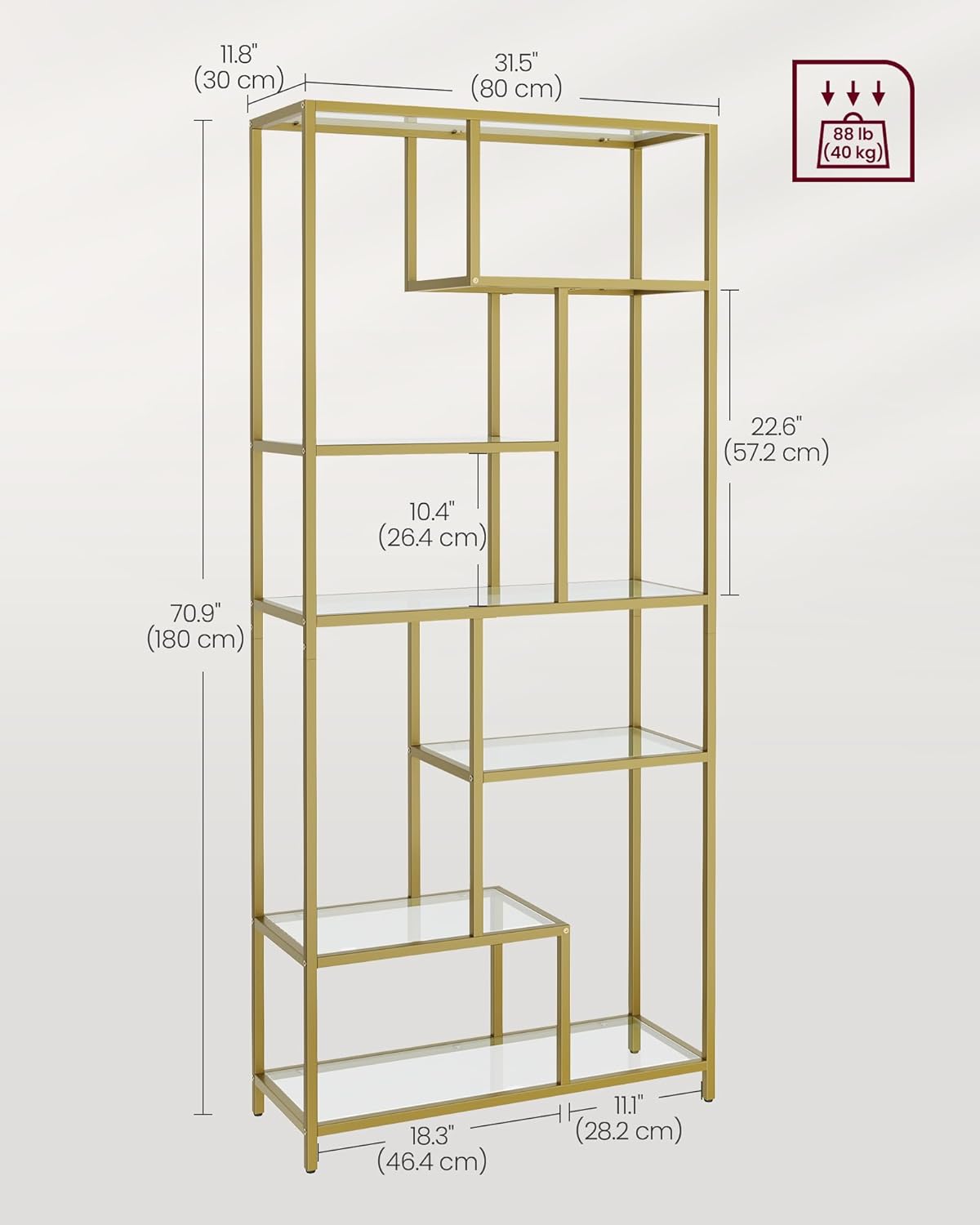 VASAGLE könyvespolc 6 edzett üvegpolccal és acélvázzal, 80x30x180 cm, arany - Image 6
