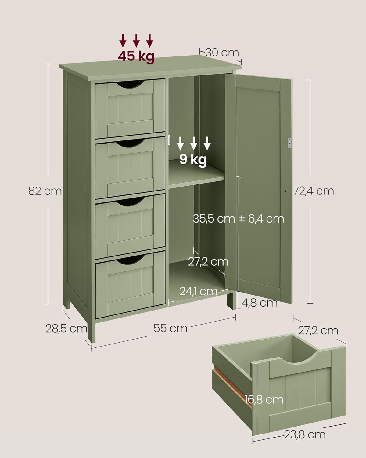 VASAGLE padlón álló fürdőszobai tárolószekrény, MDF, 4 fiókkal, 1 ajtóval és állítható polcokkal, 30x55x82 cm, zöld - Image 5