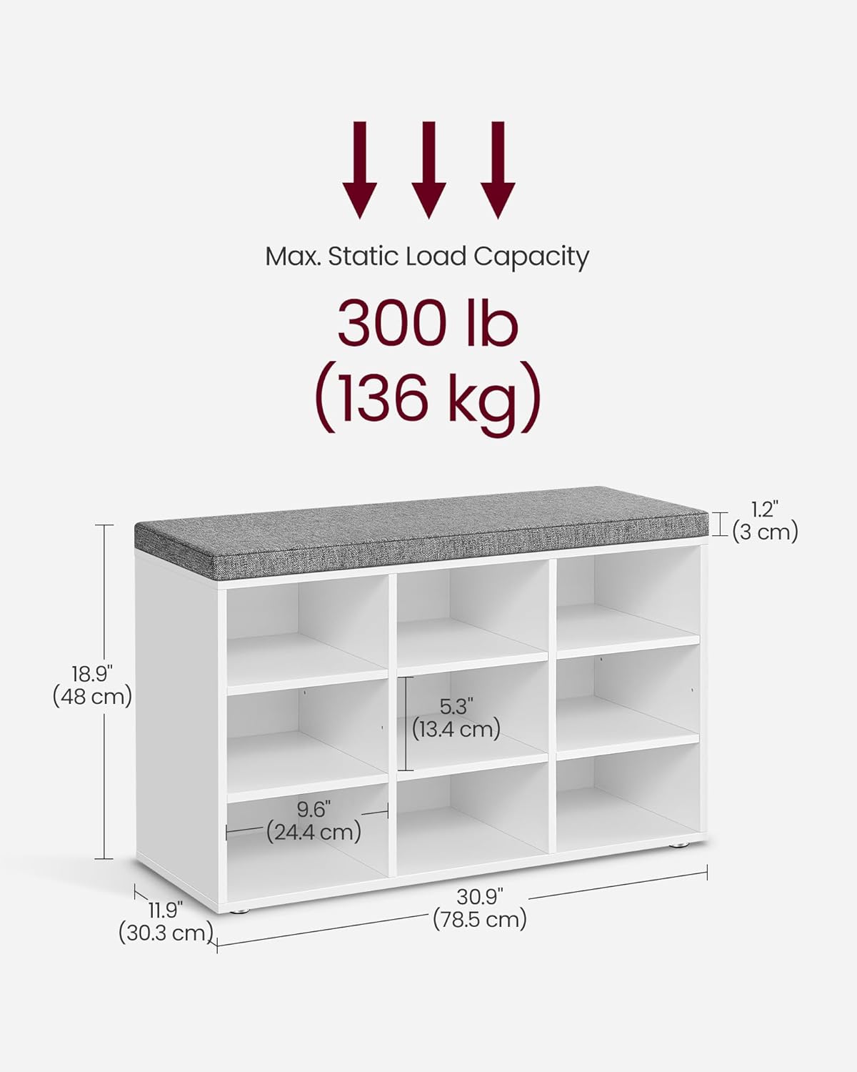 VASAGLE cipőtartó pad 9 rekesszel és ülőpárnával, 136 kg teherbírással, 79x30x48 cm, fehér - Image 2