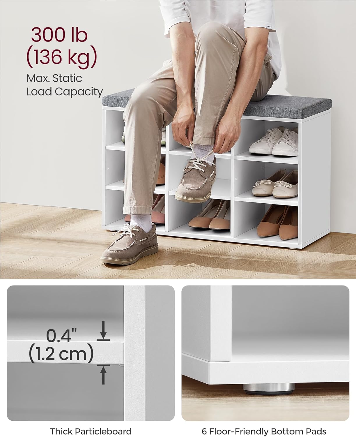 VASAGLE cipőtartó pad 9 rekesszel és ülőpárnával, 136 kg teherbírással, 79x30x48 cm, fehér - Image 3