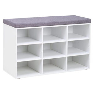 VASAGLE cipőtartó pad 9 rekesszel és ülőpárnával, 136 kg teherbírással, 79x30x48 cm, fehér