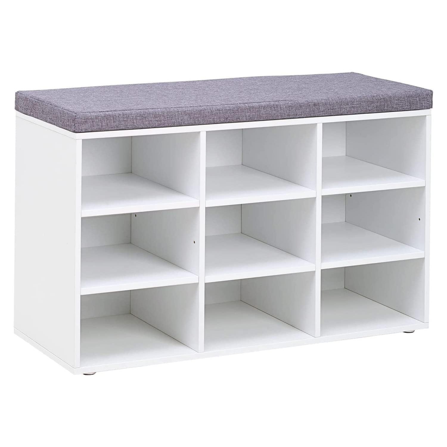 VASAGLE cipőtartó pad 9 rekesszel és ülőpárnával, 136 kg teherbírással, 79x30x48 cm, fehér