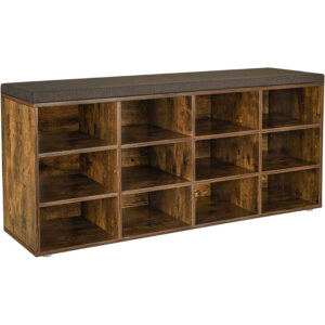 VASAGLE cipőtároló pad 12 rekesszel és ülőpárnával, 136 kg teherbírás, 104x30x48 cm, rusztikus barna