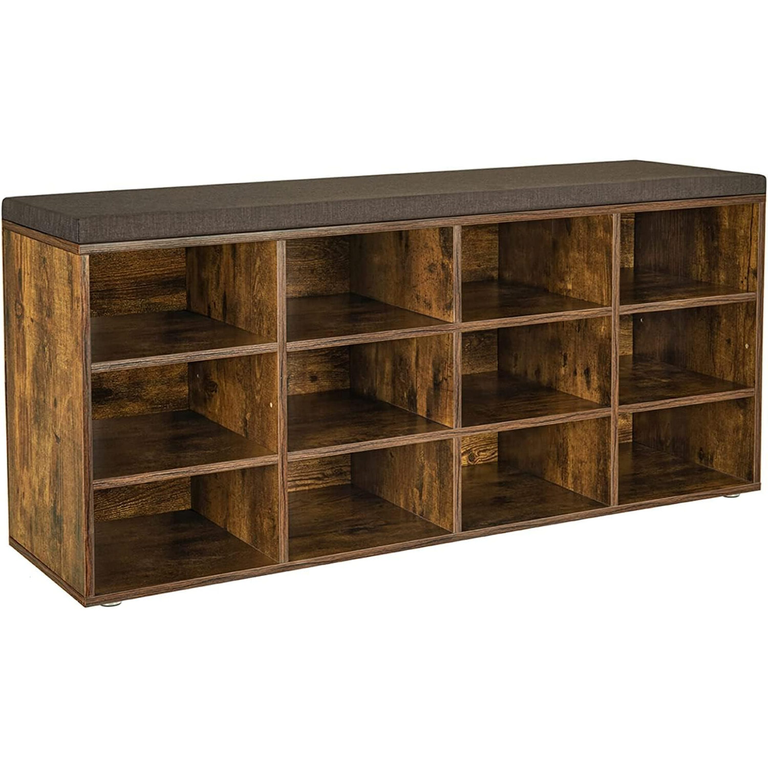 VASAGLE cipőtároló pad 12 rekesszel és ülőpárnával, 136 kg teherbírás, 104x30x48 cm, rusztikus barna