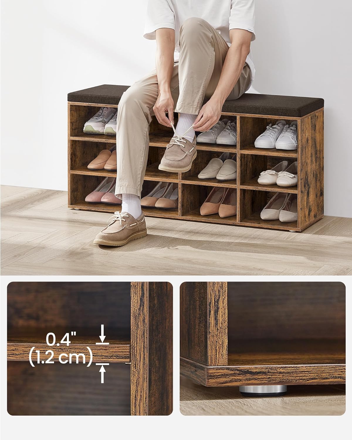 VASAGLE cipőtároló pad 12 rekesszel és ülőpárnával, 136 kg teherbírás, 104x30x48 cm, rusztikus barna - Image 4