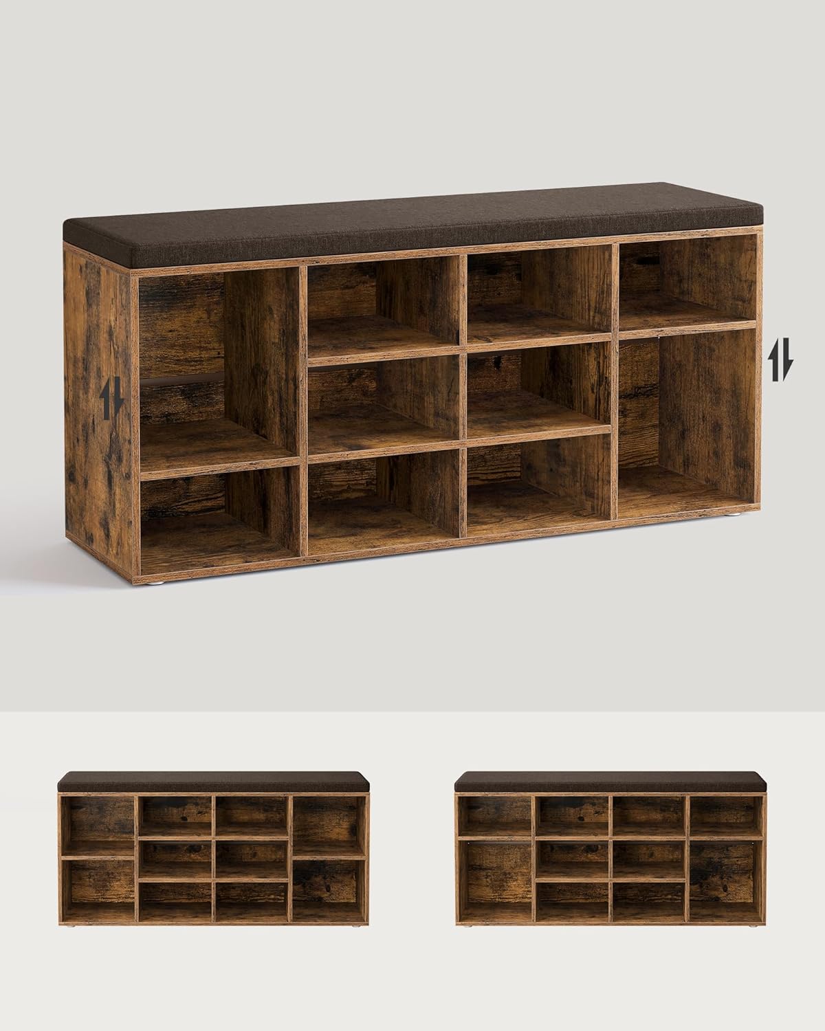VASAGLE cipőtároló pad 12 rekesszel és ülőpárnával, 136 kg teherbírás, 104x30x48 cm, rusztikus barna - Image 2