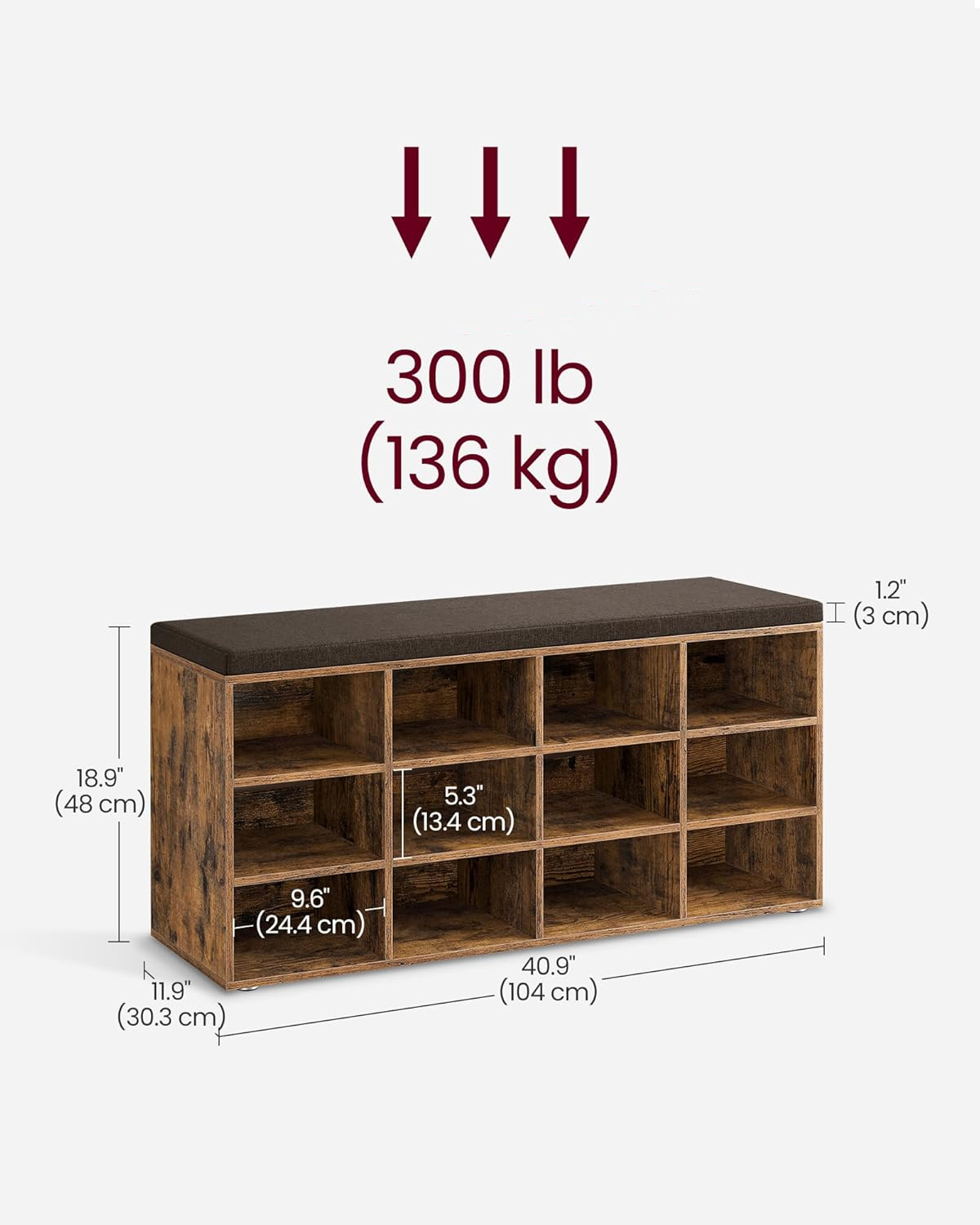 VASAGLE cipőtároló pad 12 rekesszel és ülőpárnával, 136 kg teherbírás, 104x30x48 cm, rusztikus barna - Image 9