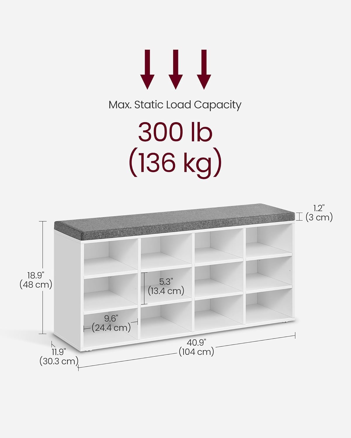VASAGLE cipőtartó pad 12 rekesszel és ülőpárnával, 136 kg teherbírással, 104x30x48 cm, fehér - Image 3