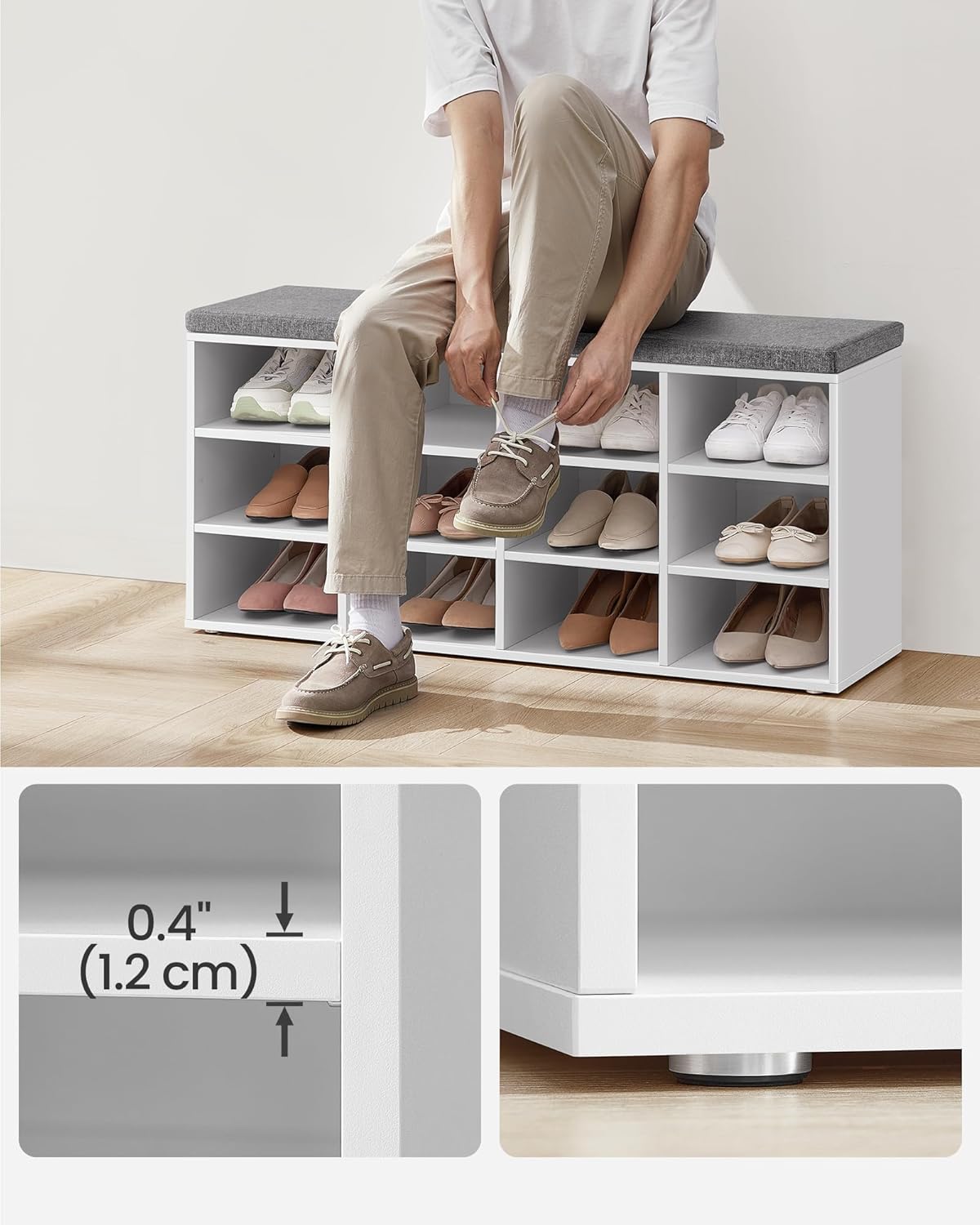 VASAGLE cipőtartó pad 12 rekesszel és ülőpárnával, 136 kg teherbírással, 104x30x48 cm, fehér - Image 7