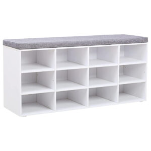 VASAGLE cipőtartó pad 12 rekesszel és ülőpárnával, 136 kg teherbírással, 104x30x48 cm, fehér