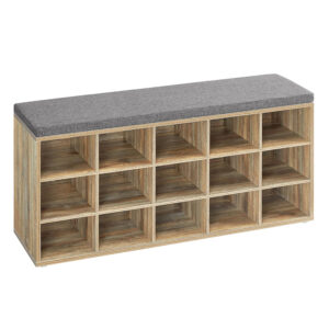 VASAGLE Cipőpad üléssel és párnával, 15 nyitott rekesszel, forgácslap, 105x30x48 cm, tölgyszürke