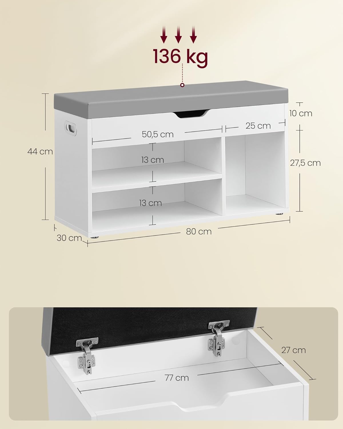 VASAGLE cipőtartó pad párnázott ülőfelülettel, 3 rekesszel, 150 kg teherbírással, 30x80x44 cm, modern, fehér - Image 2