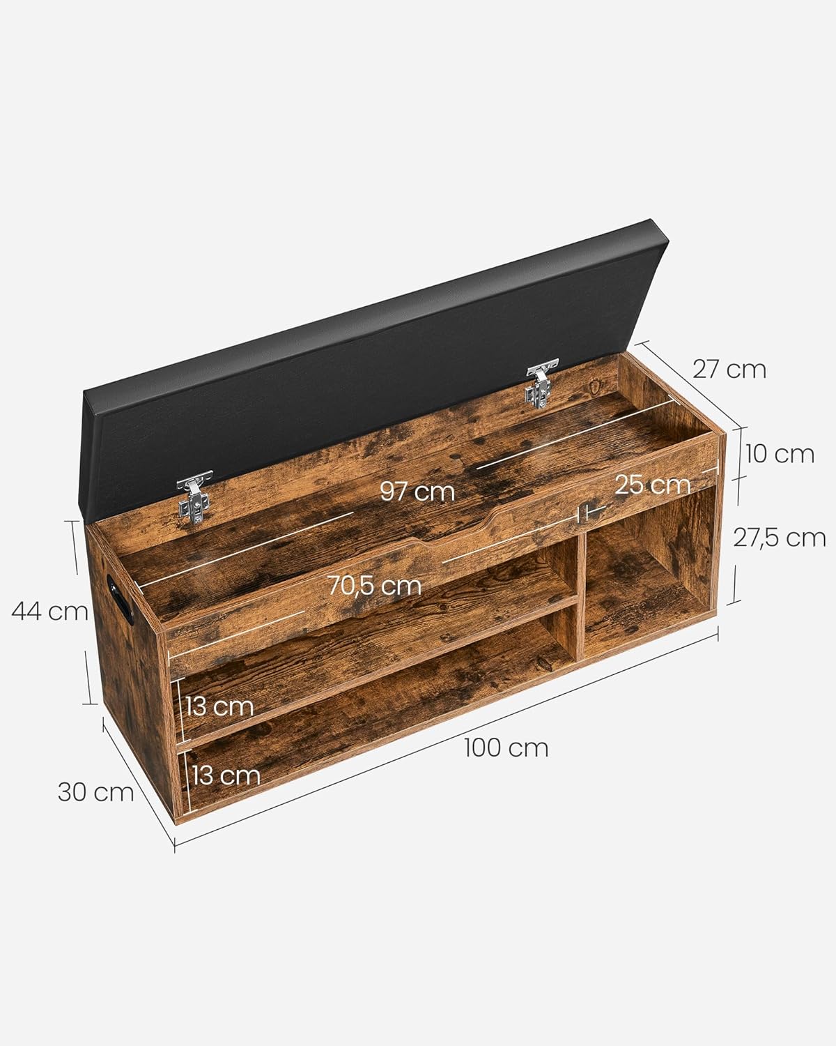 VASAGLE cipőtartó pad kárpitozott ülőfelülettel, 3 rekesszel, 150 kg teherbírással, 30x100x44 cm, vintage rusztikus barna - Image 2