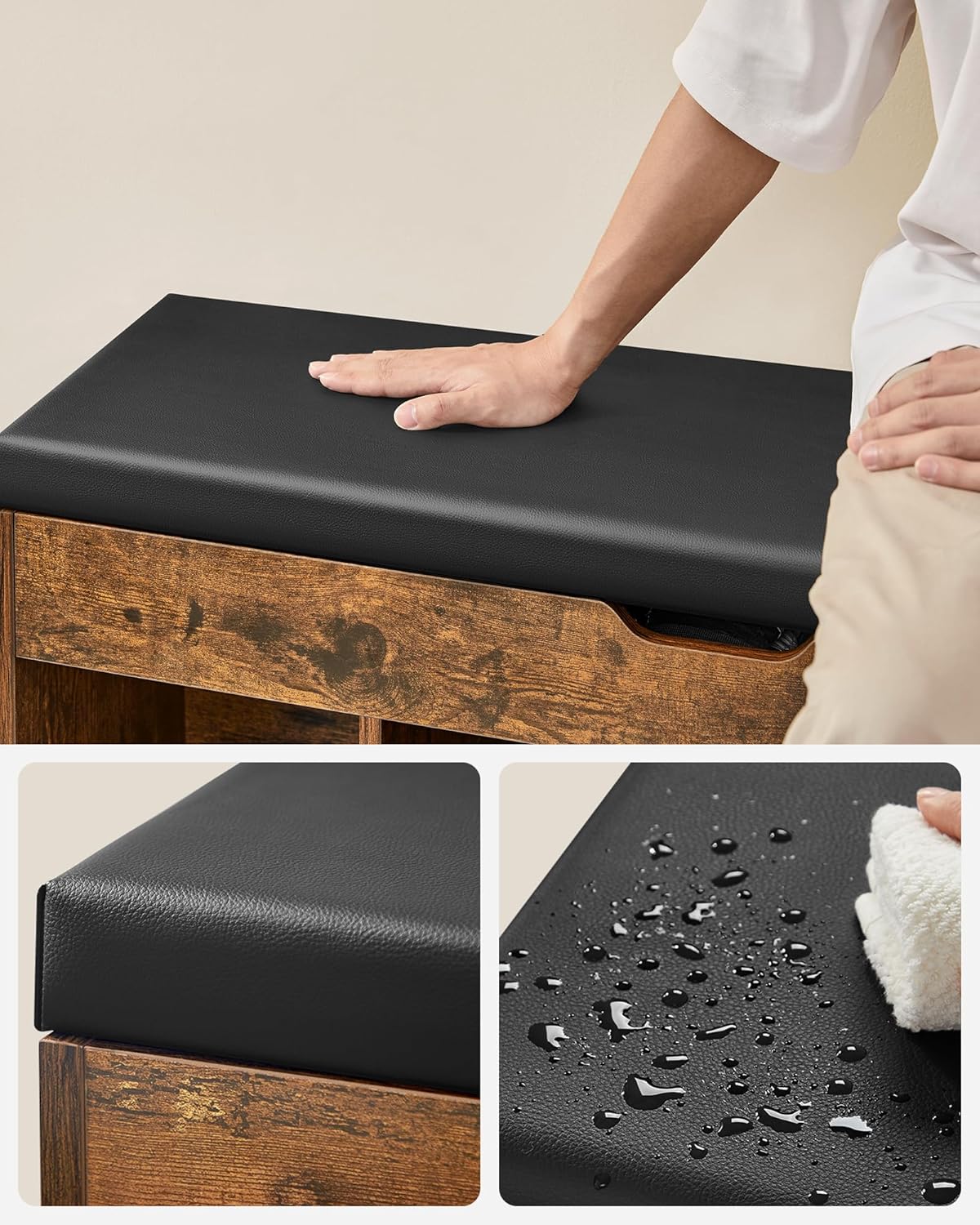 VASAGLE cipőtartó pad kárpitozott ülőfelülettel, 3 rekesszel, 150 kg teherbírással, 30x100x44 cm, vintage rusztikus barna - Image 5