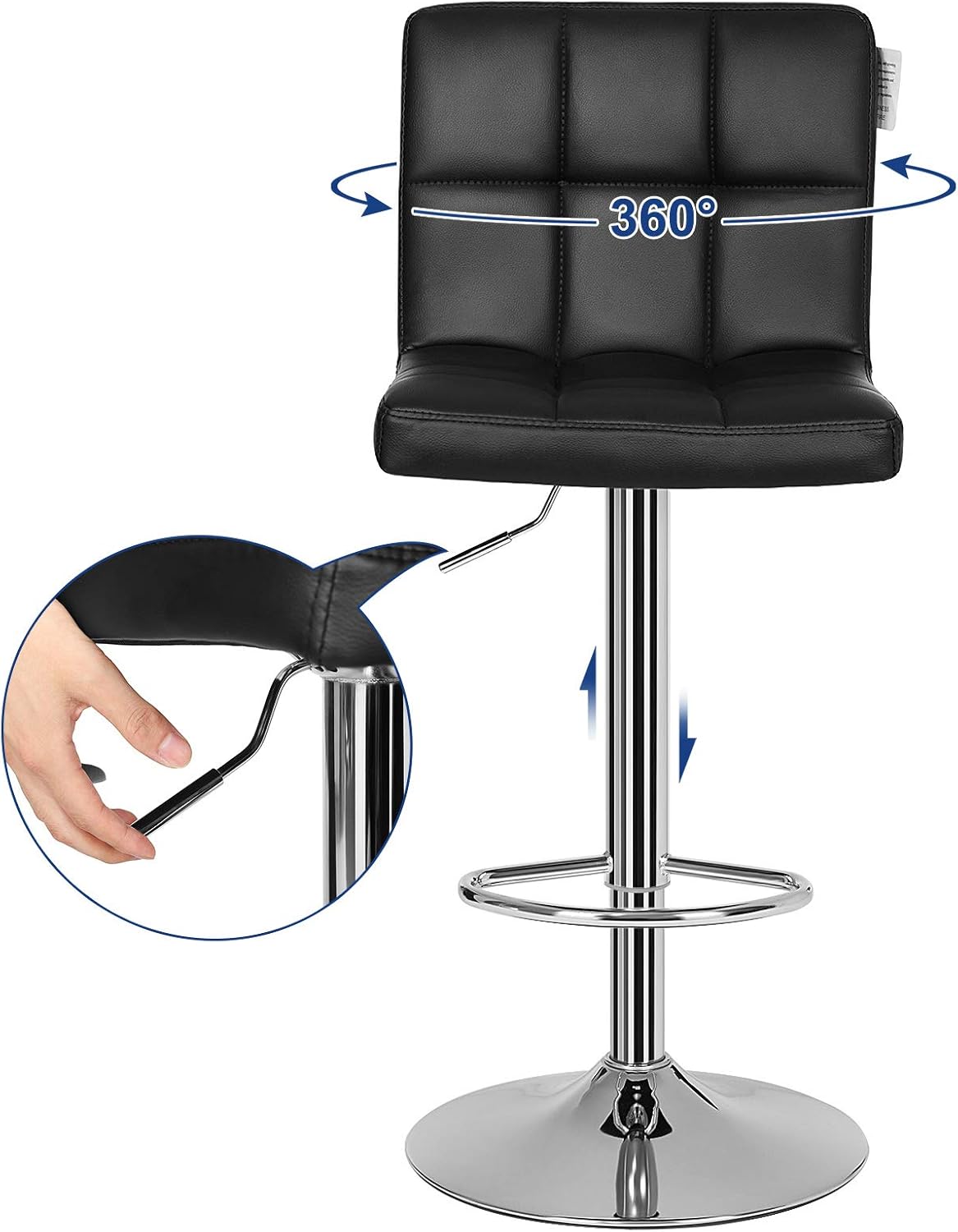 SONGMICS 2 db állítható magasságú bárszék készlet háttámlával, PU ülőfelülettel és lábtartóval, 360°-os forgathatósággal, 38 × 45 × 115 cm, fekete - Image 3