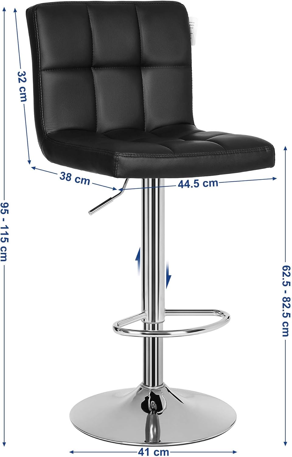 SONGMICS 2 db állítható magasságú bárszék készlet háttámlával, PU ülőfelülettel és lábtartóval, 360°-os forgathatósággal, 38 × 45 × 115 cm, fekete - Image 4