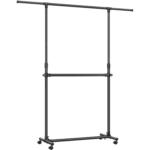SONGMICS Dupla rúddal ellátott ruhatartó állvány, zárható kerekekkel, állítható magasságú, fémváz, 101x49x113-180 cm, fekete