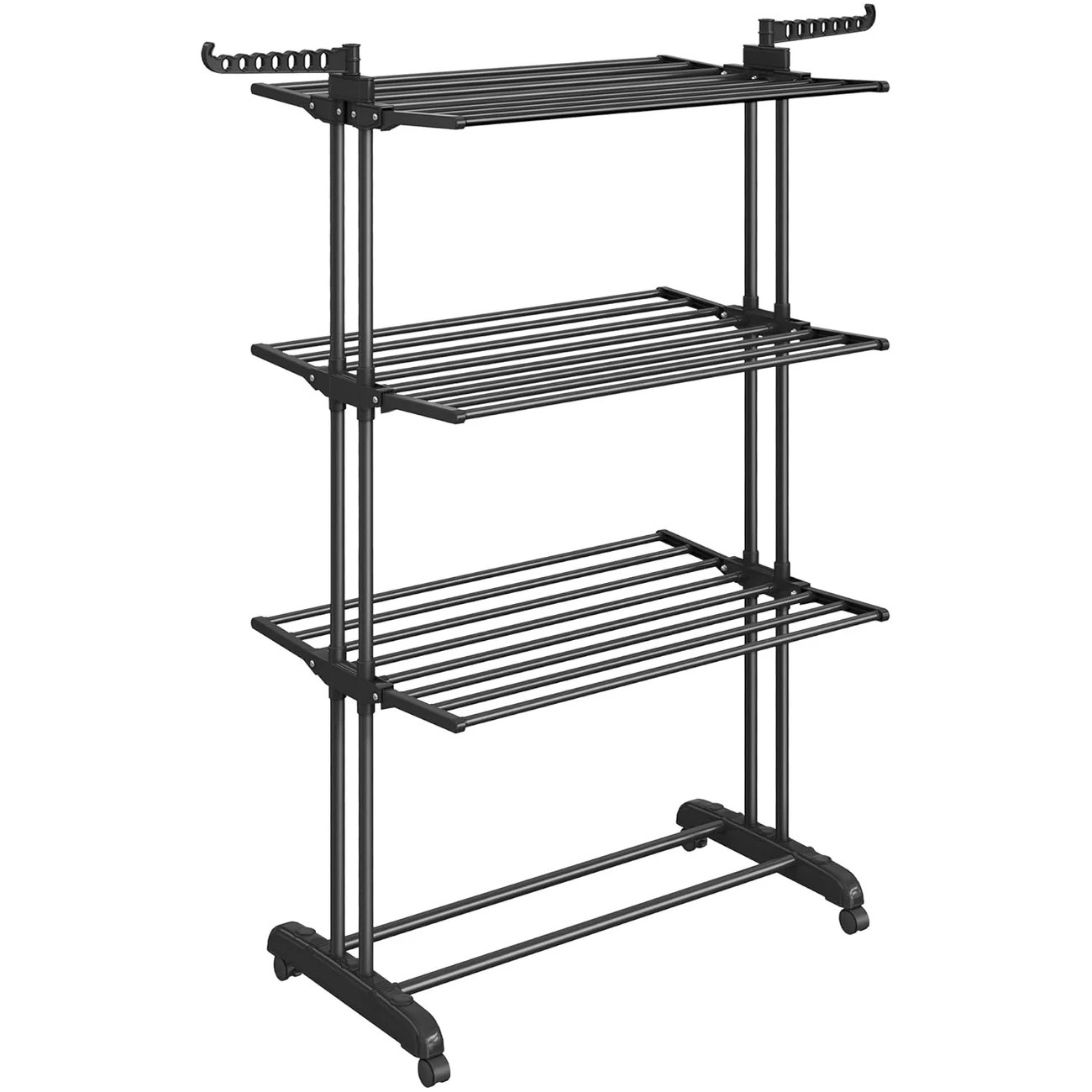 SONGMICS Összecsukható Ruhaszárító Kerekekkel, 4 Szint, Rozsdamentes Acél és Műanyag, 2 Akasztó, 128x64x173 cm, Fekete