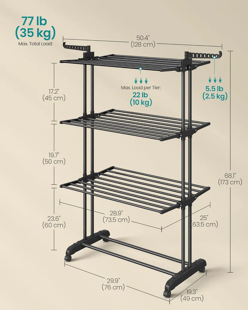 SONGMICS Összecsukható Ruhaszárító Kerekekkel, 4 Szint, Rozsdamentes Acél és Műanyag, 2 Akasztó, 128x64x173 cm, Fekete - Image 3