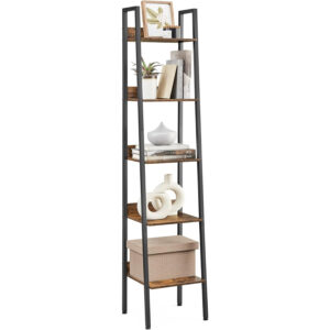 VASAGLE Létra polcos könyvespolc 5 polccal, ipari design, fém vázzal és forgácslap polcokkal, 34x30x170 cm, rusztikus barna