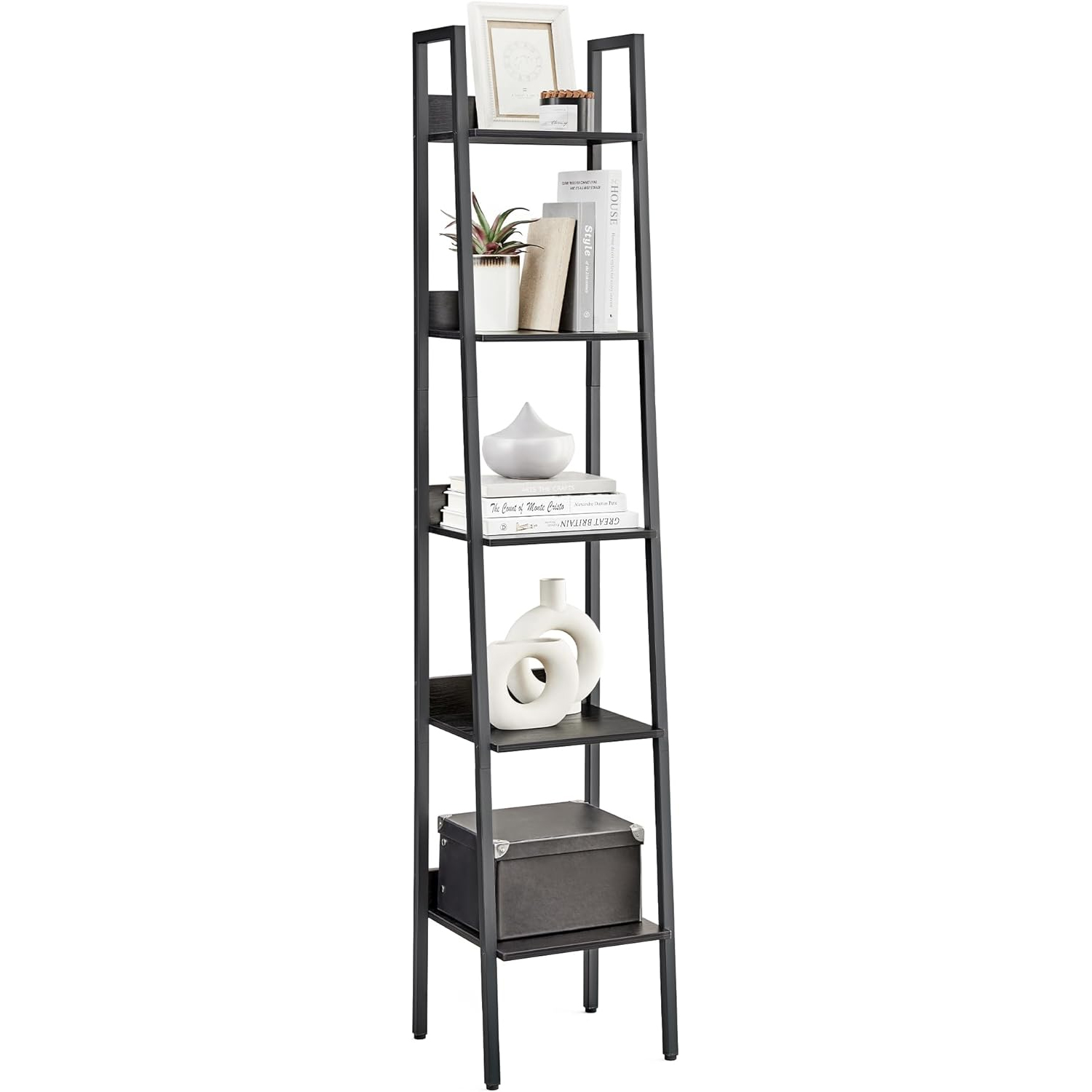 VASAGLE Biblioteca tip scara cu 5 rafturi, design industrial, cadru metalic si rafturi din PAL, 34x30x170 cm, negru - Image 10