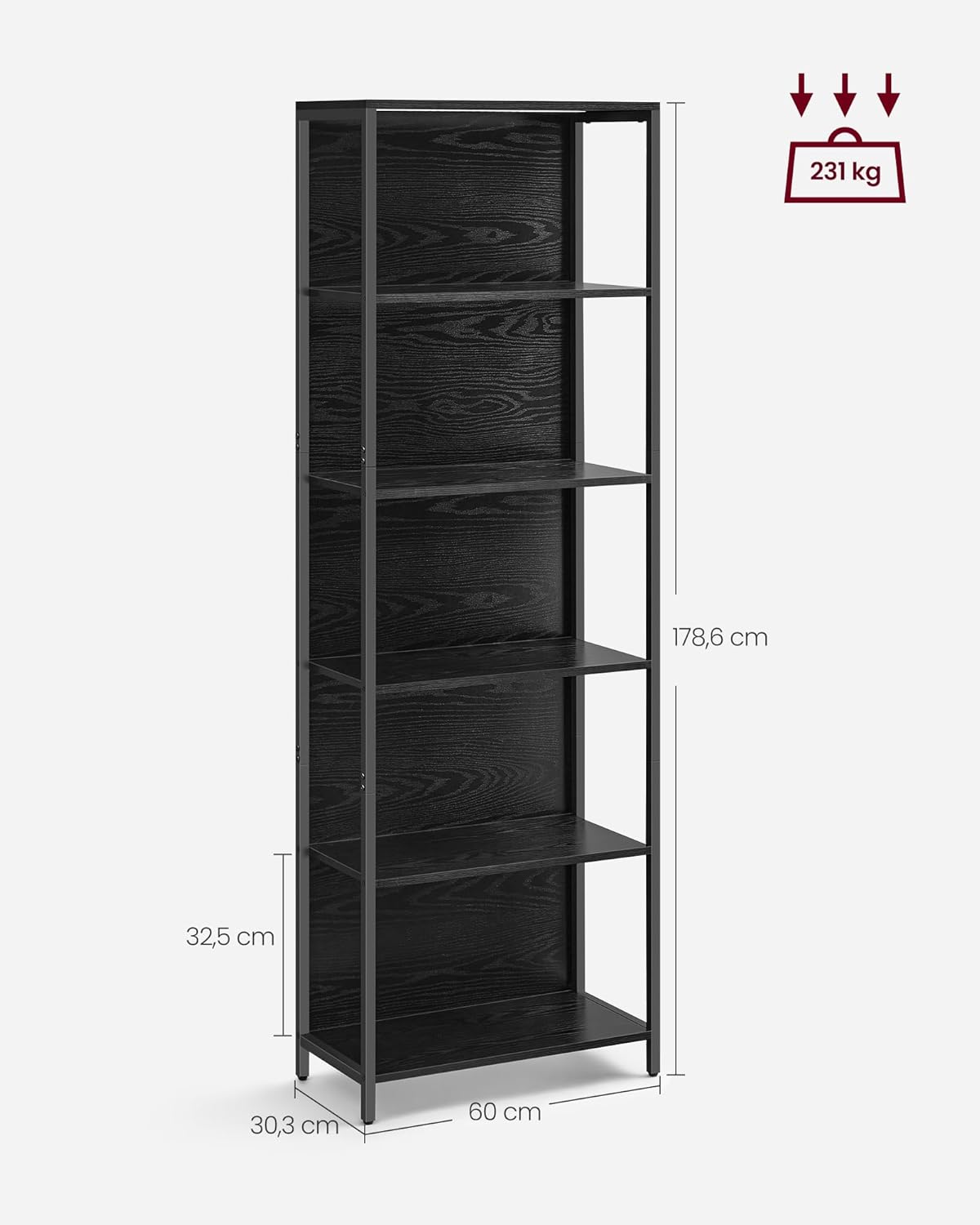 VASAGLE könyvespolc 6 polccal és állítható LED világítással (25 szín), fémvázzal, 30x60x179 cm, fekete - Image 2
