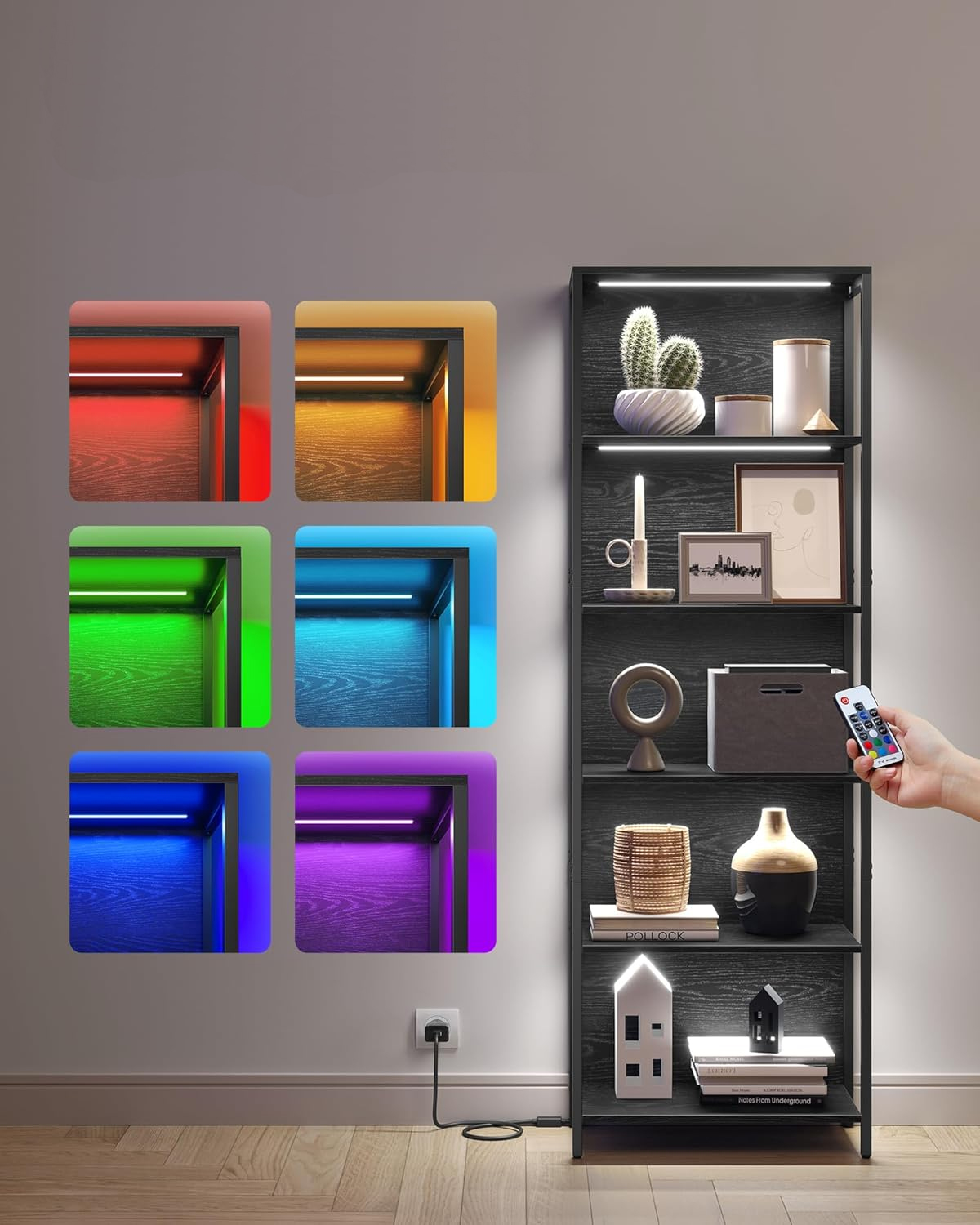 VASAGLE könyvespolc 6 polccal és állítható LED világítással (25 szín), fémvázzal, 30x60x179 cm, fekete - Image 4