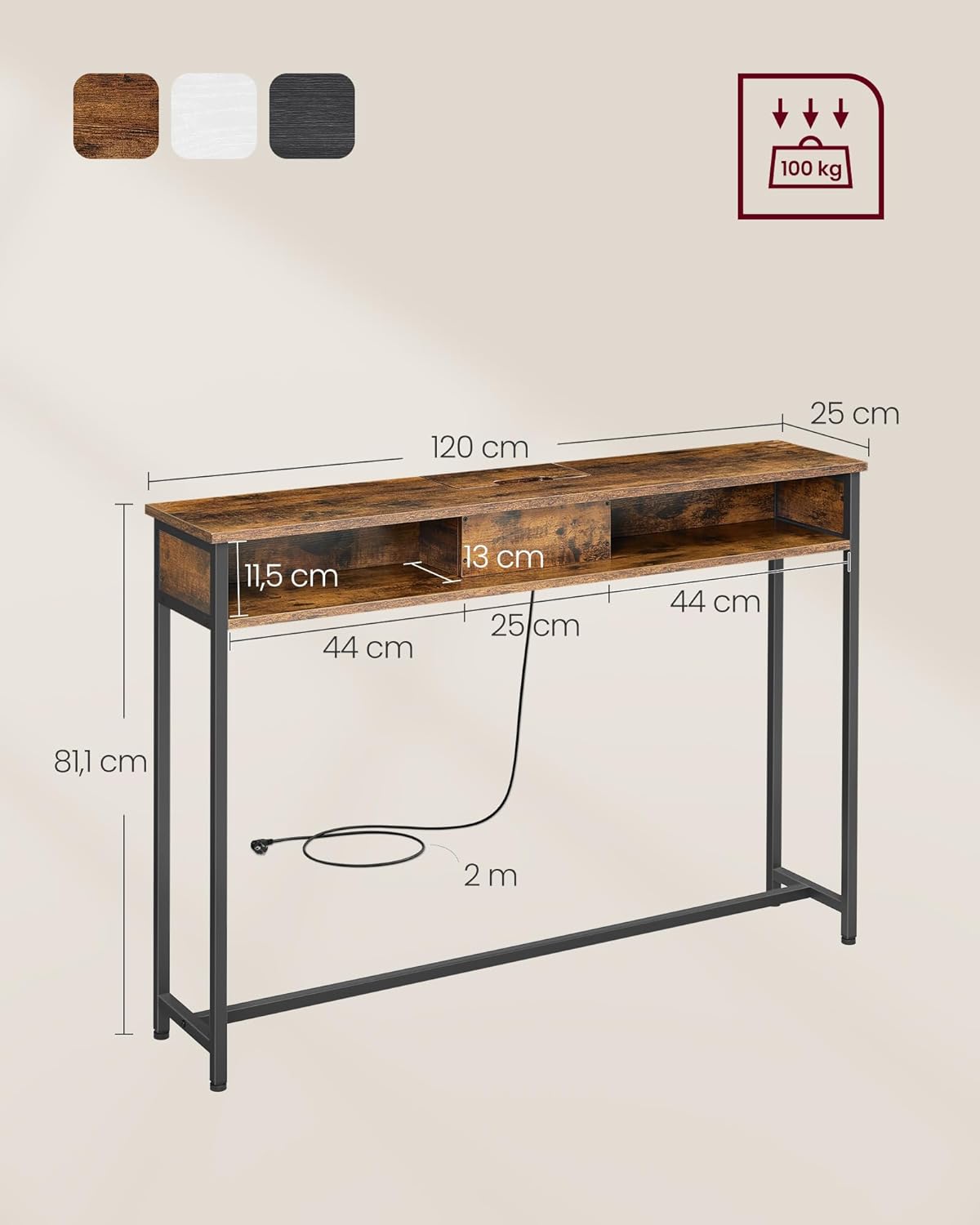 VASAGLE Keskeny konzolasztal 2 beépített konnektorral és 2 USB-porttal, 120x25x81 cm, rusztikus barna - Image 2