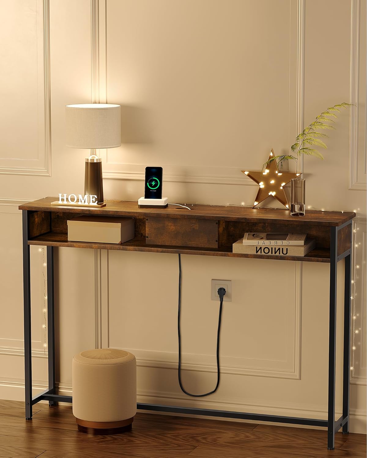 VASAGLE Keskeny konzolasztal 2 beépített konnektorral és 2 USB-porttal, 120x25x81 cm, rusztikus barna - Image 4