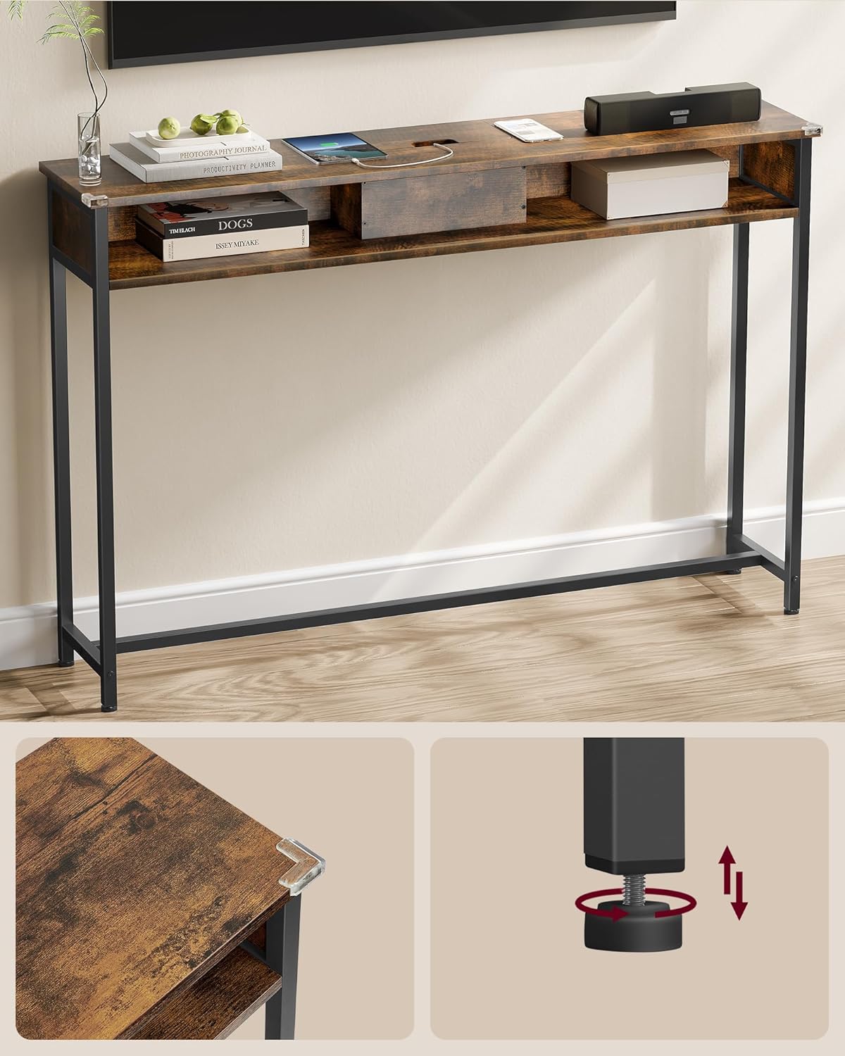 VASAGLE Keskeny konzolasztal 2 beépített konnektorral és 2 USB-porttal, 120x25x81 cm, rusztikus barna - Image 5