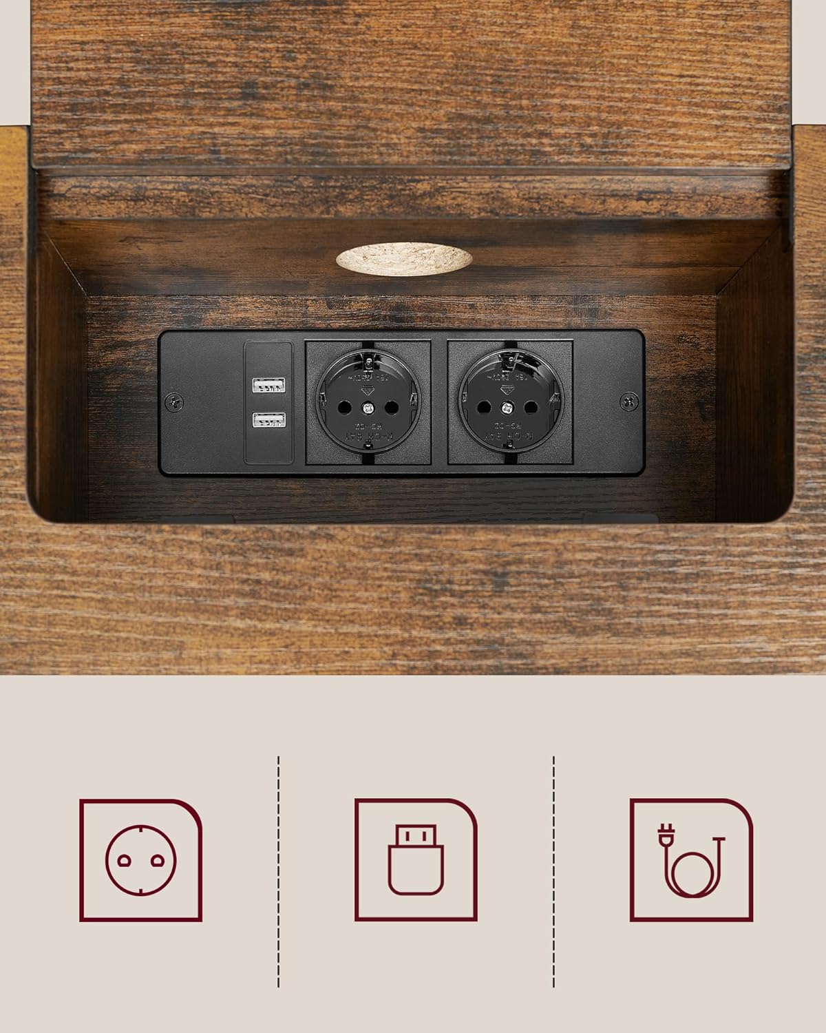 VASAGLE Keskeny konzolasztal 2 beépített konnektorral és 2 USB-porttal, 120x25x81 cm, rusztikus barna - Image 6