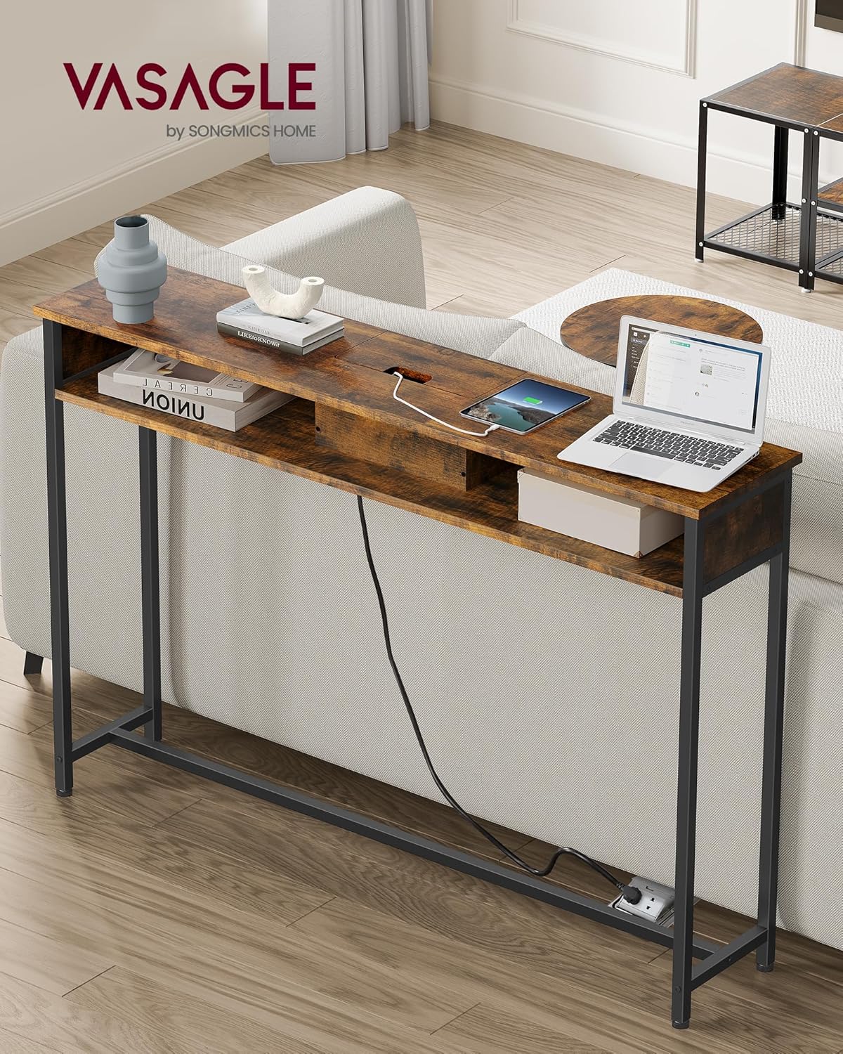 VASAGLE Keskeny konzolasztal 2 beépített konnektorral és 2 USB-porttal, 120x25x81 cm, rusztikus barna - Image 7