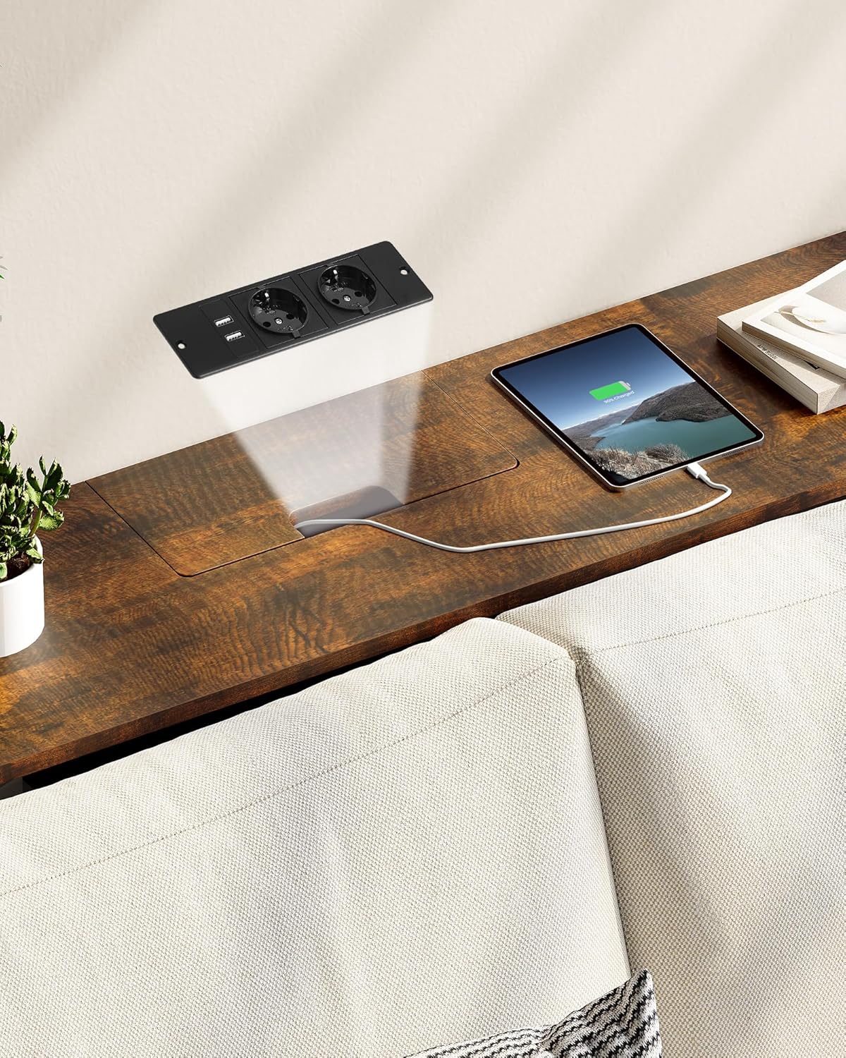 VASAGLE Keskeny konzolasztal 2 beépített konnektorral és 2 USB-porttal, 120x25x81 cm, rusztikus barna - Image 8