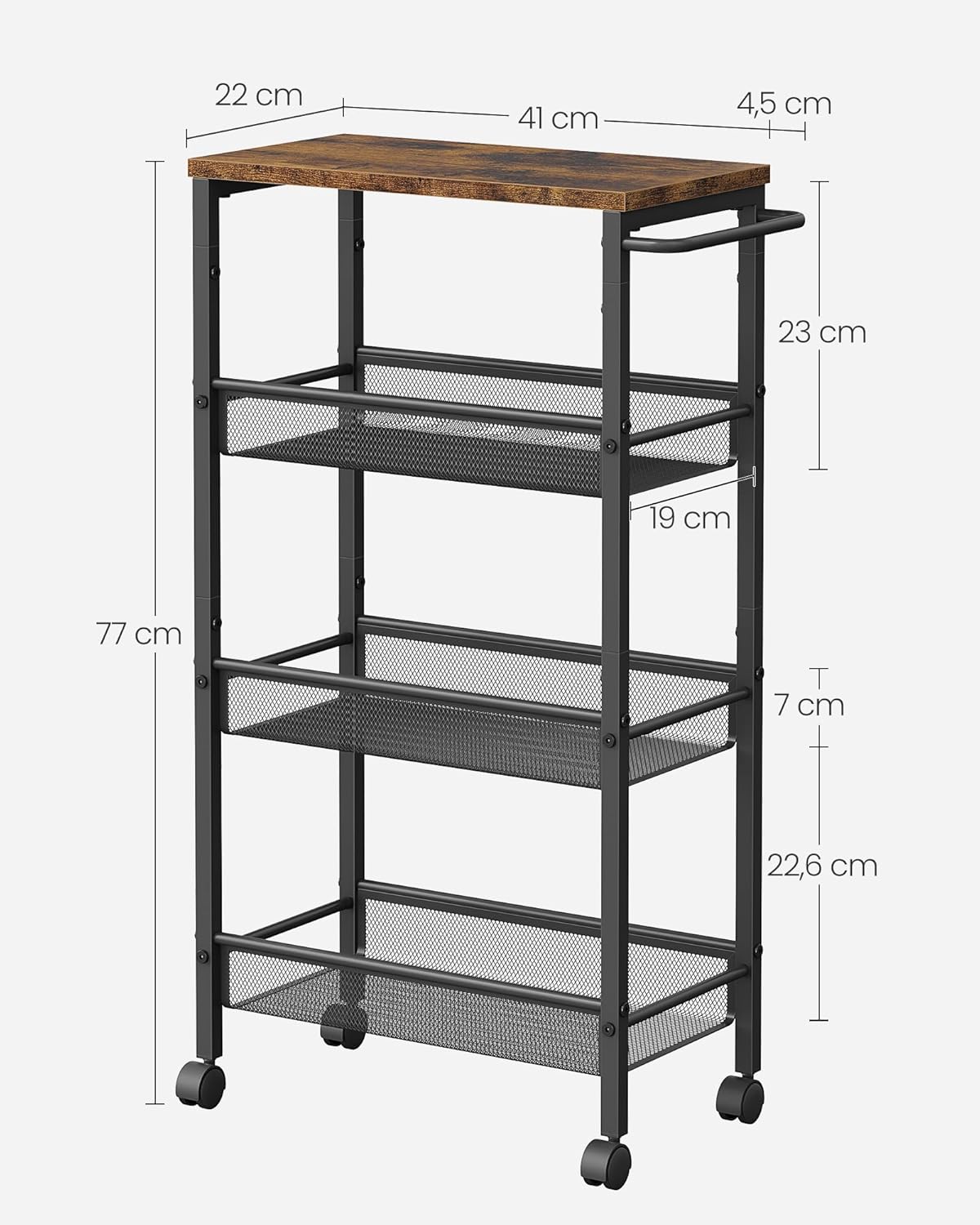 VASAGLE Keskeny konyhai gurulós tárolókocsi, 4 szintes, fémvázas, 22x46x77 cm, rusztikus barna - Image 3