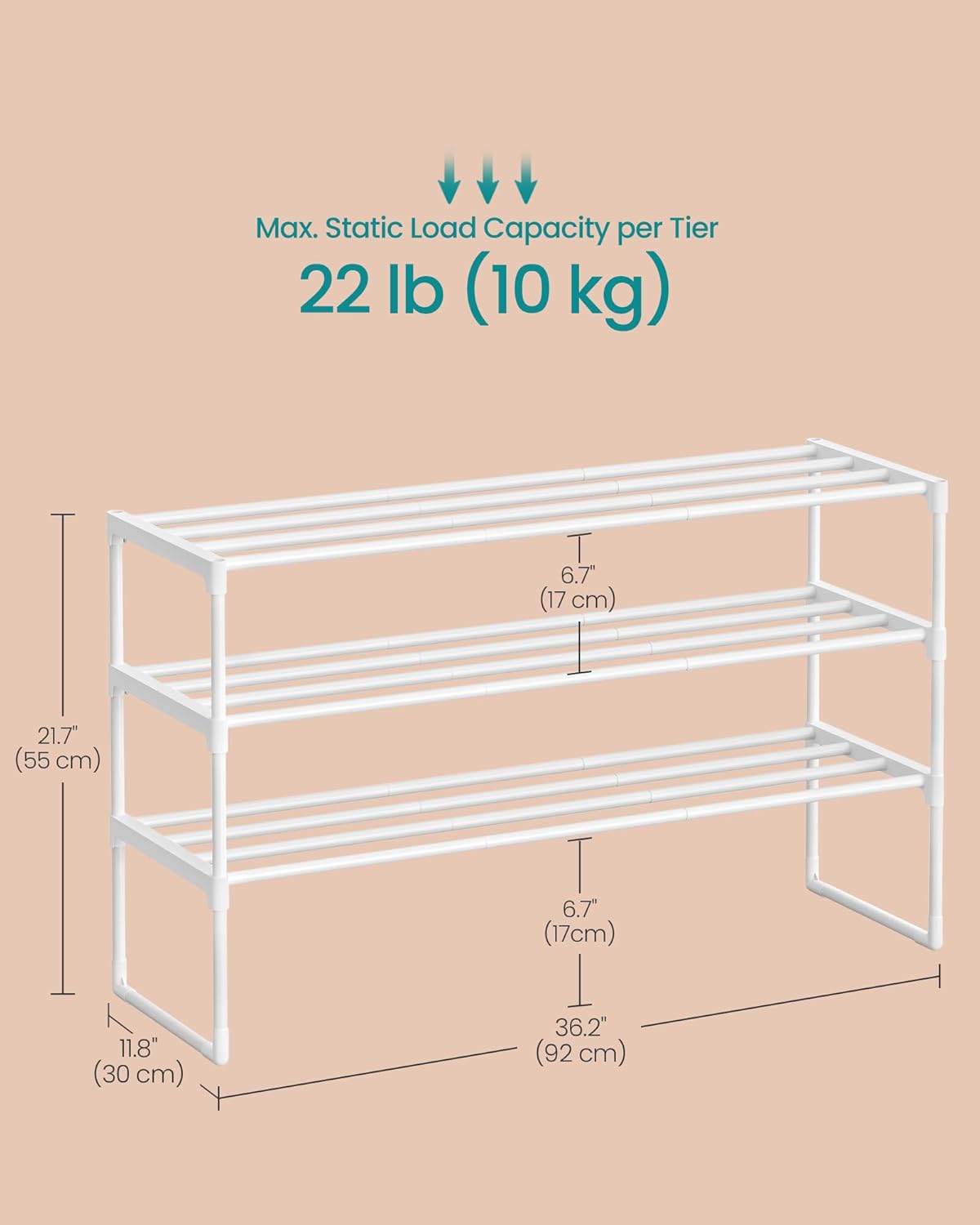 SONGMICS Suport pentru pantofi cu 3 nivele, structura metalica, pentru 12-15 perechi, 92x30x55cm, alb - Image 2
