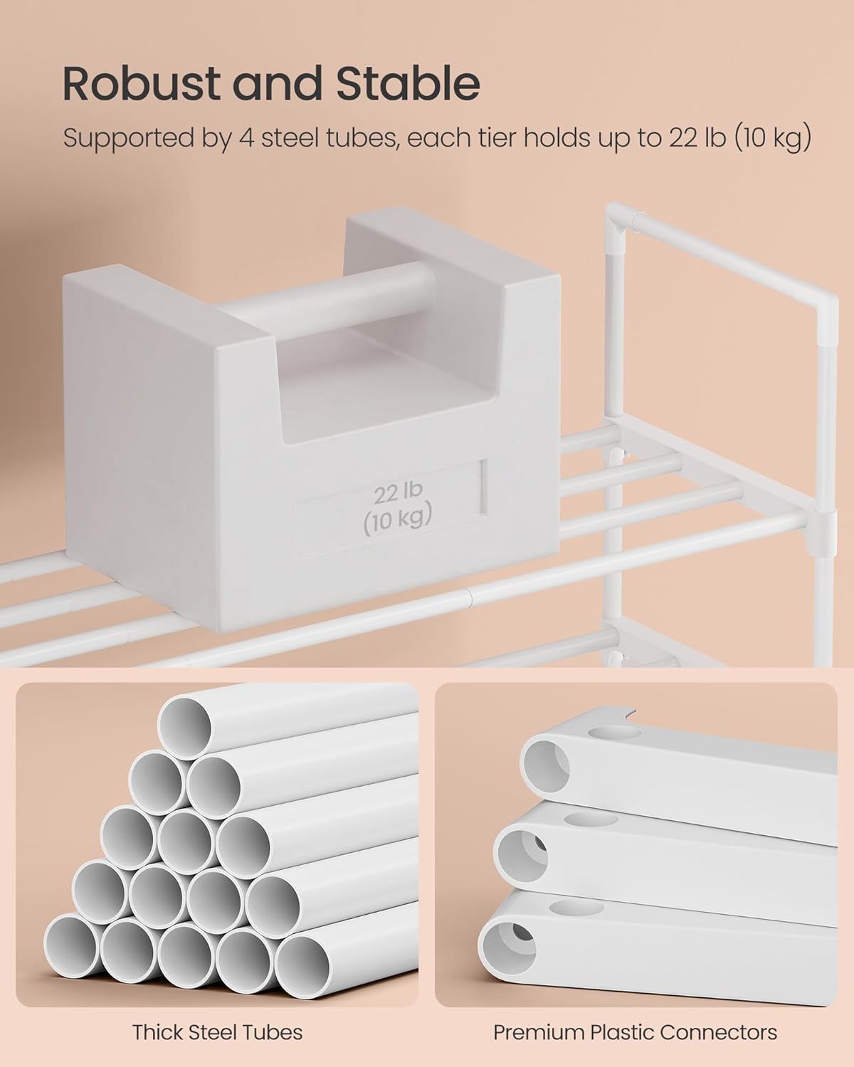 SONGMICS Suport pentru pantofi cu 3 nivele, structura metalica, pentru 12-15 perechi, 92x30x55cm, alb - Image 6